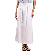 EELOTILE Womens Pure Linen Maxi Skirt Elastic Drawstring Back Slit Casual Long Skirt