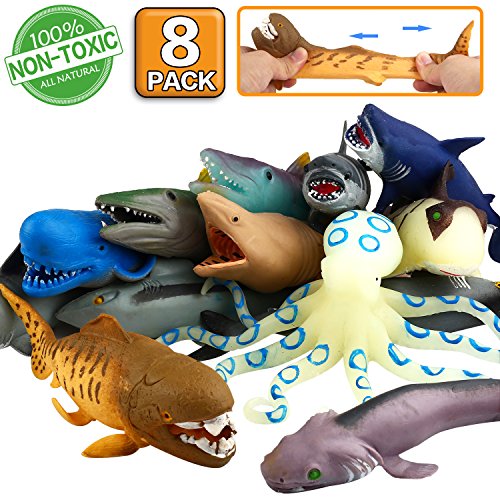 Ocean Sea Animal,8 Inch Rubber Bath Toy Set(8 Pack Random), Food Grade Material TPR Super Stretches, Some Kinds Can Change Colour, ValeforToy Floating Bathtub Toy Party Shark Octopus Figure