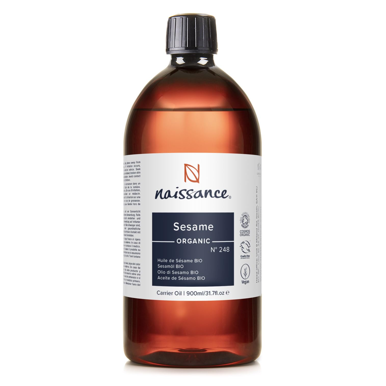 Naissance Organic Sesame Seed Oil (no. 248) - 900ml - 100% Natural, Certified Organic - for Skin, Hair, Nails, Body Care, Beauty Cosmetics, Massage
