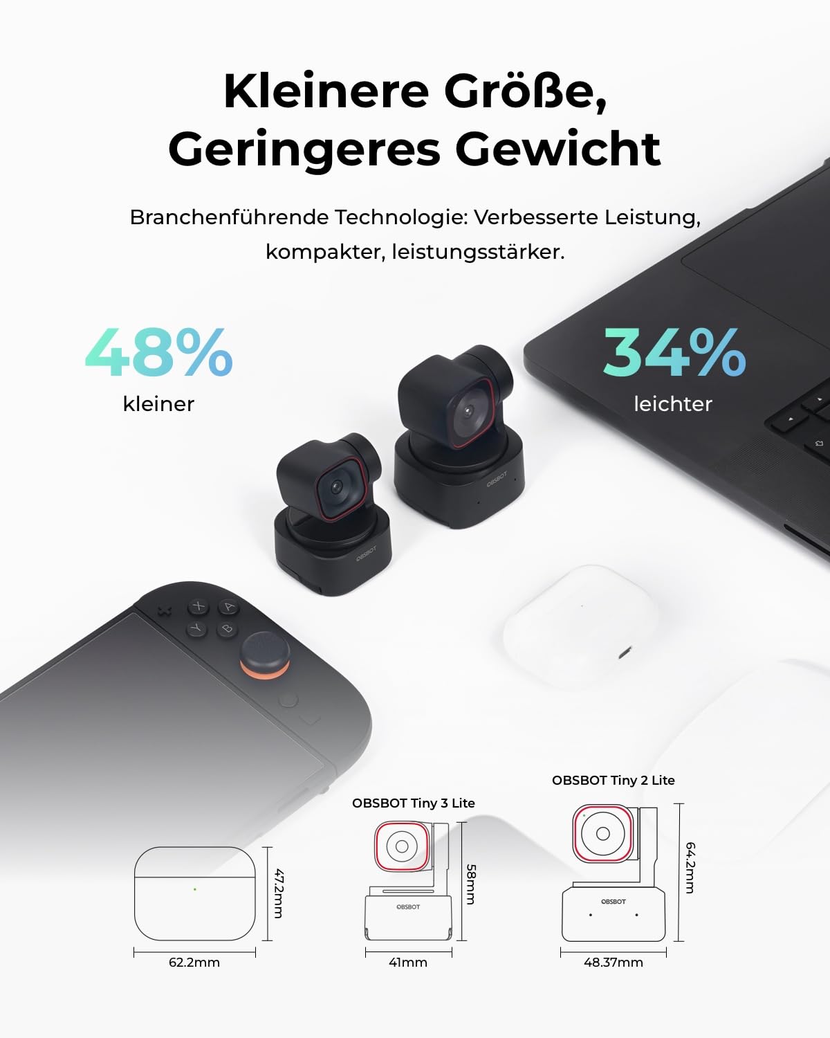 OBSBOT Tiny 3 Lite AI-Powered Spatial Audio 4K Webcam – Kompakte AI-Tracking-PTZ-Kamera mit 1/2"-Sensor, Tri-Mic, Voice Control, 120FPS, HDR, Webcam für PC, Mac, Laptop, Streaming, Meeting, Switch 2 3