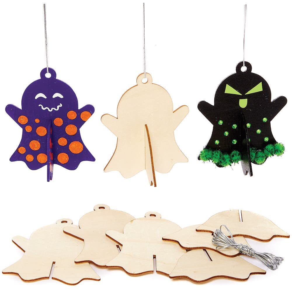 Baker Ross FX182 Spooky Ghost 3D Wooden Decorations - Pack of 6, Halloween Decoration Arts and Crafts for Kids, Halloween Party Decorations