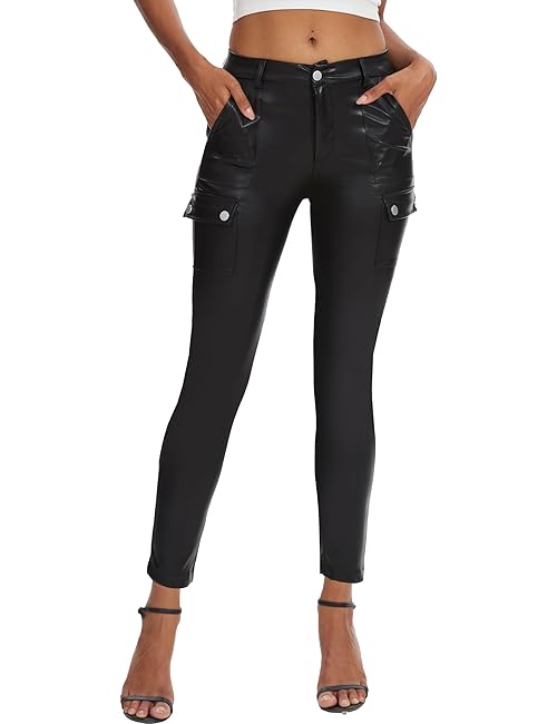 DAOAO Faux Leather Pants for Women Motorcycle Button Zipper Pleather Cargo Pants with Pocket Black L