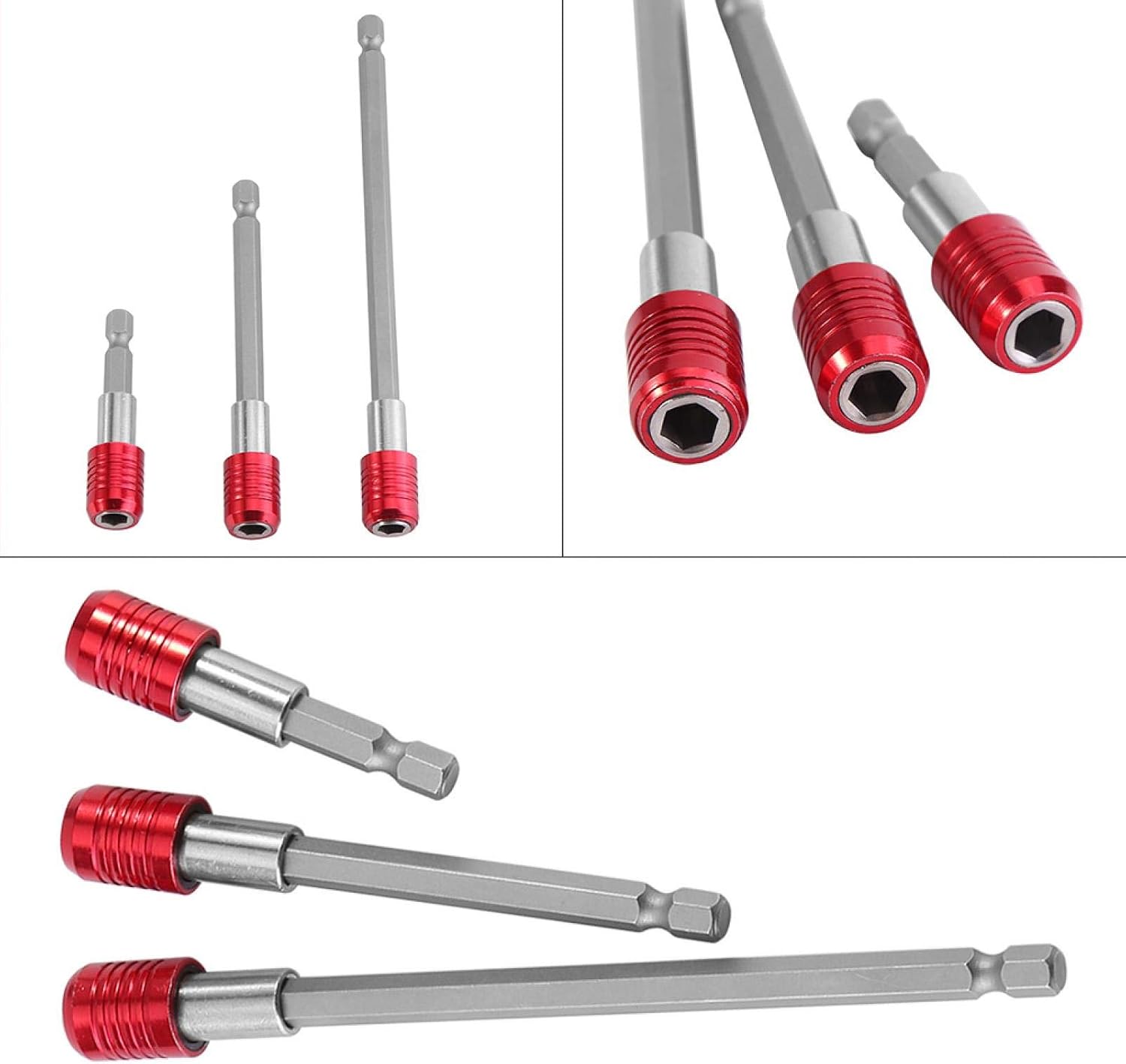 Akozon 3pcs Bit Holder Extension Bar Magnetic Drill Bit Set Hex Shank Socket Adapter for 1/4inch Hex Shank Electric Screwdriver Bits (Red) - Image 4