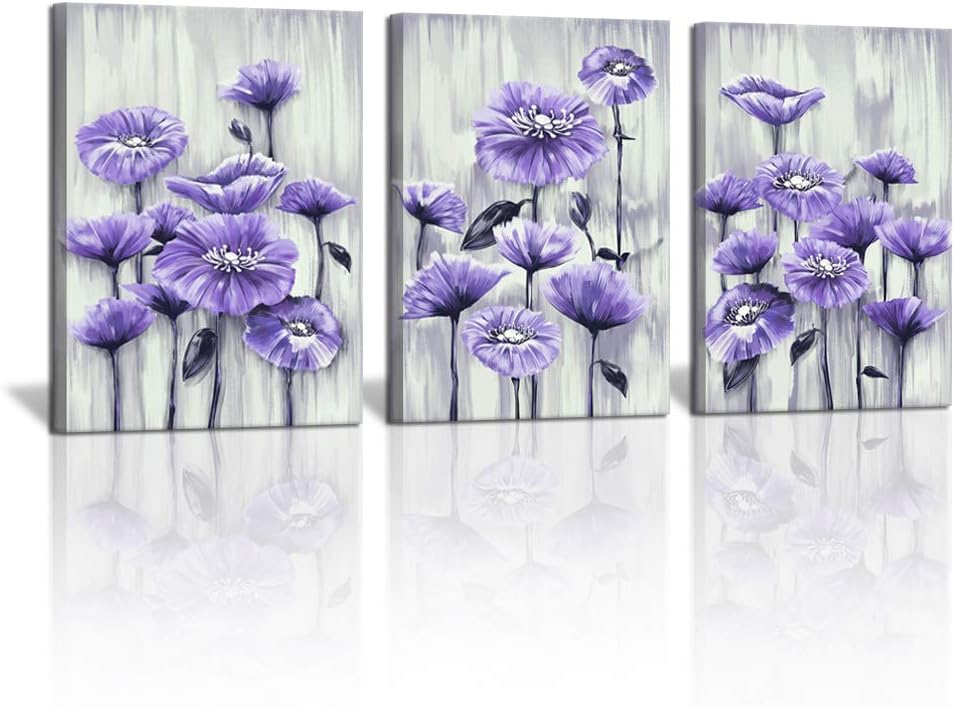 3 Panel Purple Flower Painting Canvas Wall Art for Girls Bedroom
