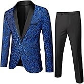 Cloudstyle Mens 2 Piece Floral Jacquard Dress Suit Set 1 Button Print Dinner Jacket Pants