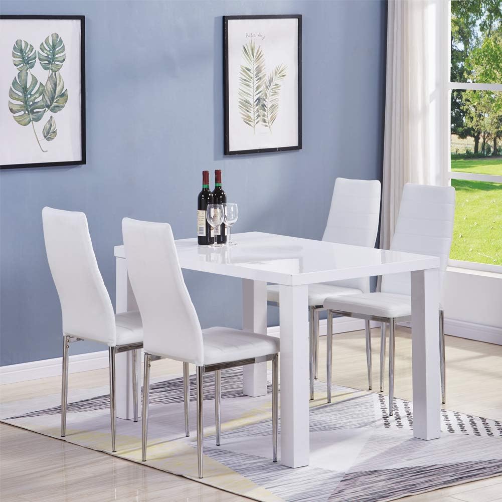 GOLDFAN White High Gloss Dining Table and Chairs Set 4 Modern