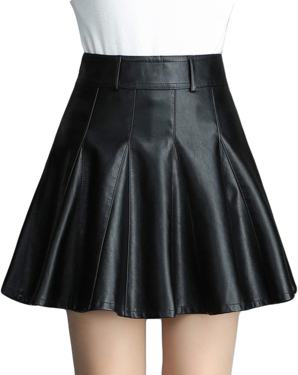 Flygo Women's Casual High Waist PU Faux Leather Flared A-Line Pleated Mini Skirts