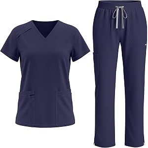 Eadflie Scrubs Set for Women, V-Neck Top & Straight Leg Pants 9 Pockets | Back Waist Darts, Utility Straps, Side Slits, Easy