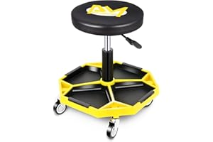 PM PERFROMOTOR PM PERFORMOTOR Adjustable Height Pneumatic Garage Seat Rolling Mechanic Stool with Tool Tray Storage,300lbs Max Weight Capacity, Yellow,PM-TOL-ATS-YL