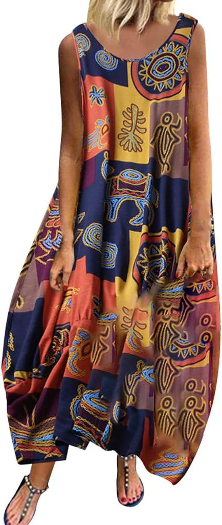 2019 New Women's Vintage Bohemian Linen Dress, Summer Casual Print Floral Sleeveless O-Neck Straps Maxi Dress