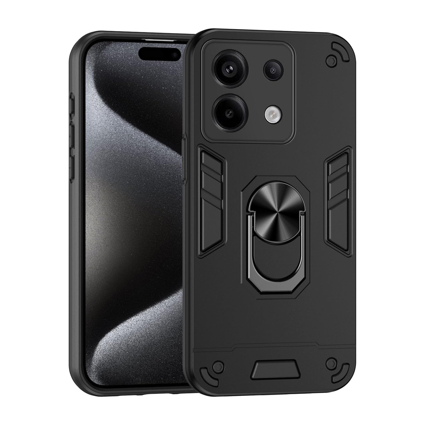 ILING Case for Xiaomi Redmi Note 13 5G, Military Grade Shockproof Heavy Duty Protective Phone Case Cover with Enhanced Metal Ring Kickstand [Support Magnet Mount] (Black)