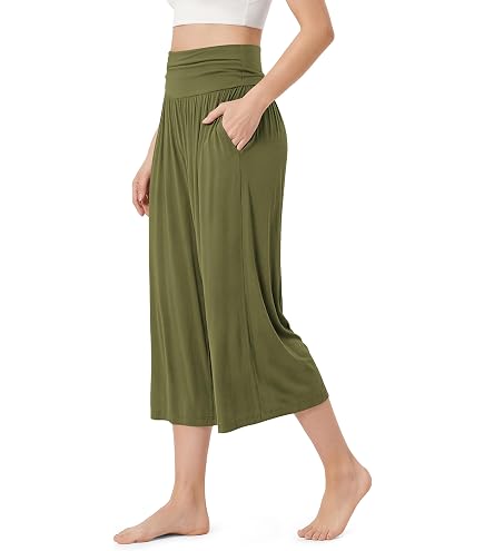 HEYHUN Women's Solid Wide Leg Flared Capri Boho Gaucho Pants
