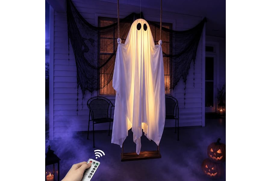 Large 5ft Pre-Assembled Hanging Swing Ghost Halloween Decorations Outdoor | Ready to Hang Setup, Height-Adjustable Swing, Timer Remote Lights Strings, Draped Smooth Fabric, Porch Yard Lawn Tree Decor