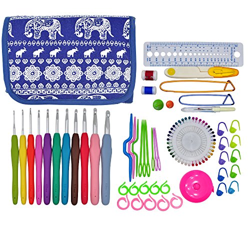 OldShark 2mm to 8mm 11 Sizes Crochet Hooks, Ergonomic Rubber Grip Knitting Needles, with 79 Accessories, Full Size Crochet Kits with Organizer Case Blue