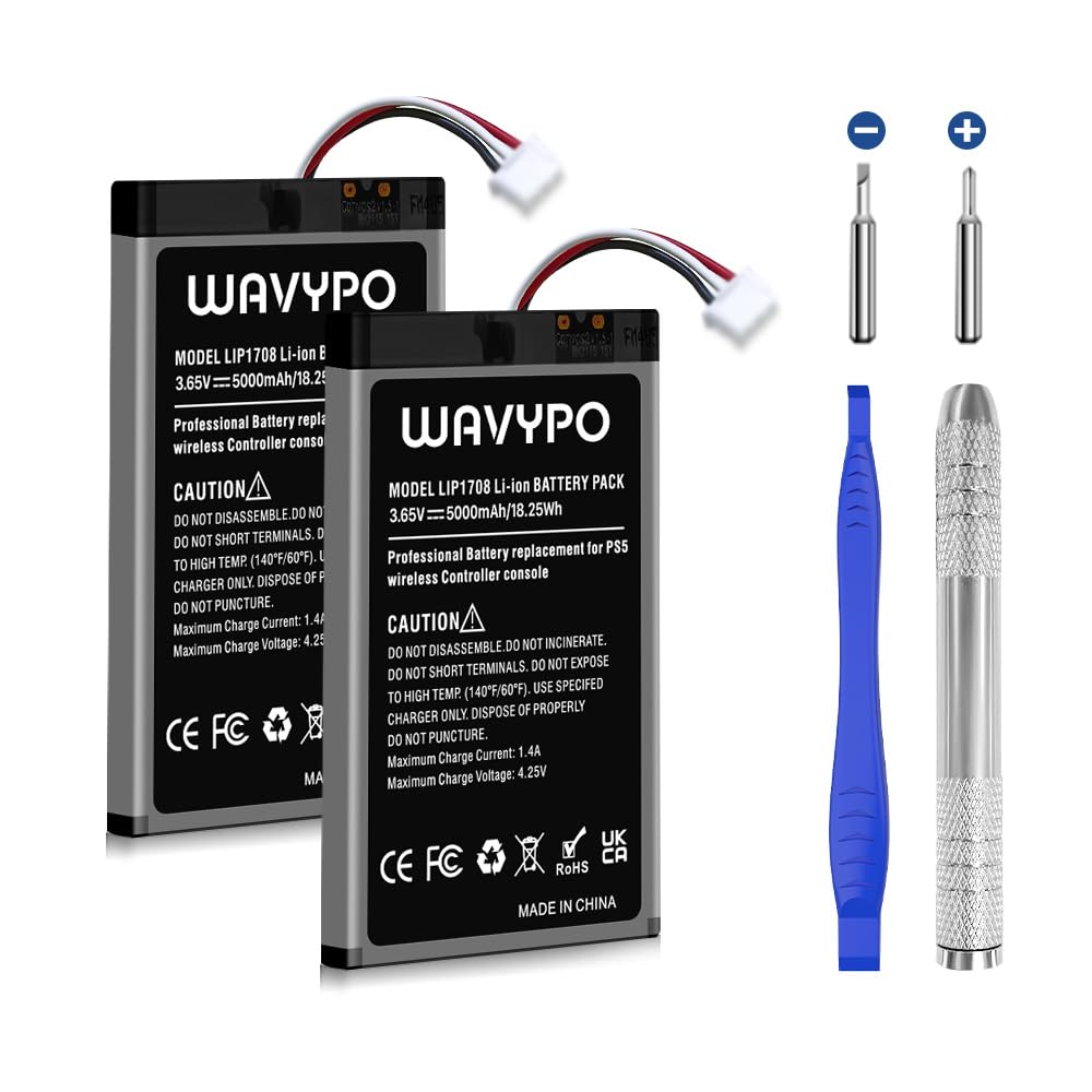 WAVYPO 2 Pack 5000mAh PS5 Controller Battery, High Capacity Replacement LIP1708 Battery for Sony PS5 PlayStation 5 DualSense CFI-ZCT1W Wireless Controller with Toolkits