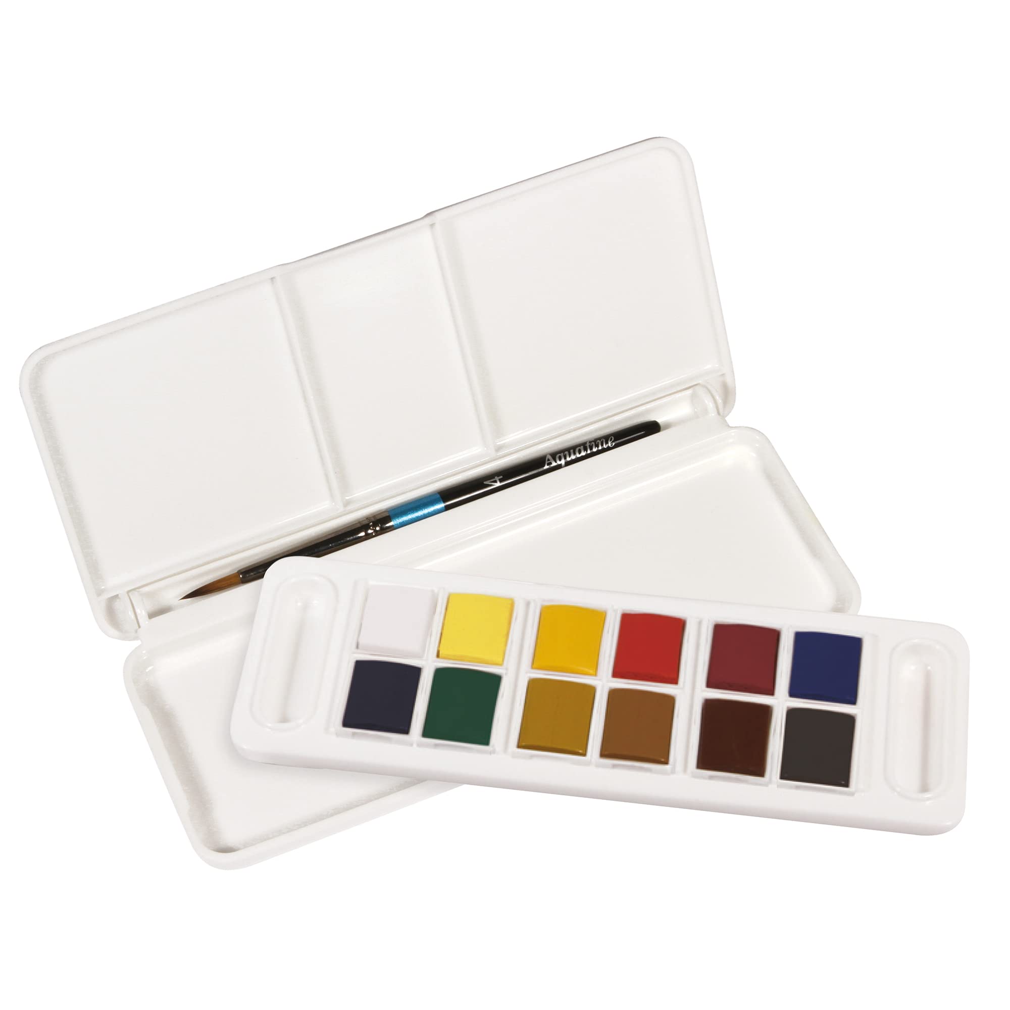 Daler-Rowney Aquafine Watercolour 12 Half Pans Set + 1 Watercolour Brush, Assorted Colours, For Artists, Students & Hobbyists