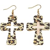 Leopard Print Hollow Plus Sign Dangle Earrings for Women Gold Tone Hook Statement Drops Lightweight Acrylic-Look Geometric Pattern Fashion Jewelry