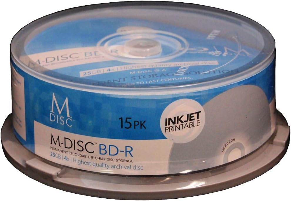 M-DISC 25GB Blu-ray Media, Inkjet Printable - 15 Disc Cake Box Consumer Portable Electronics/Gadgets