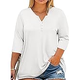 Beautife Womens Plus Size T-Shirts V Neck 3/4 Sleeve Tops Fall Henley Shirts Casual Basic Loose Fit Blouses