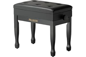 FILISITE Adjustable Height Piano Bench Stool PU Leather Cushion Wooden Keyboard Seat with Music Storage (Black)