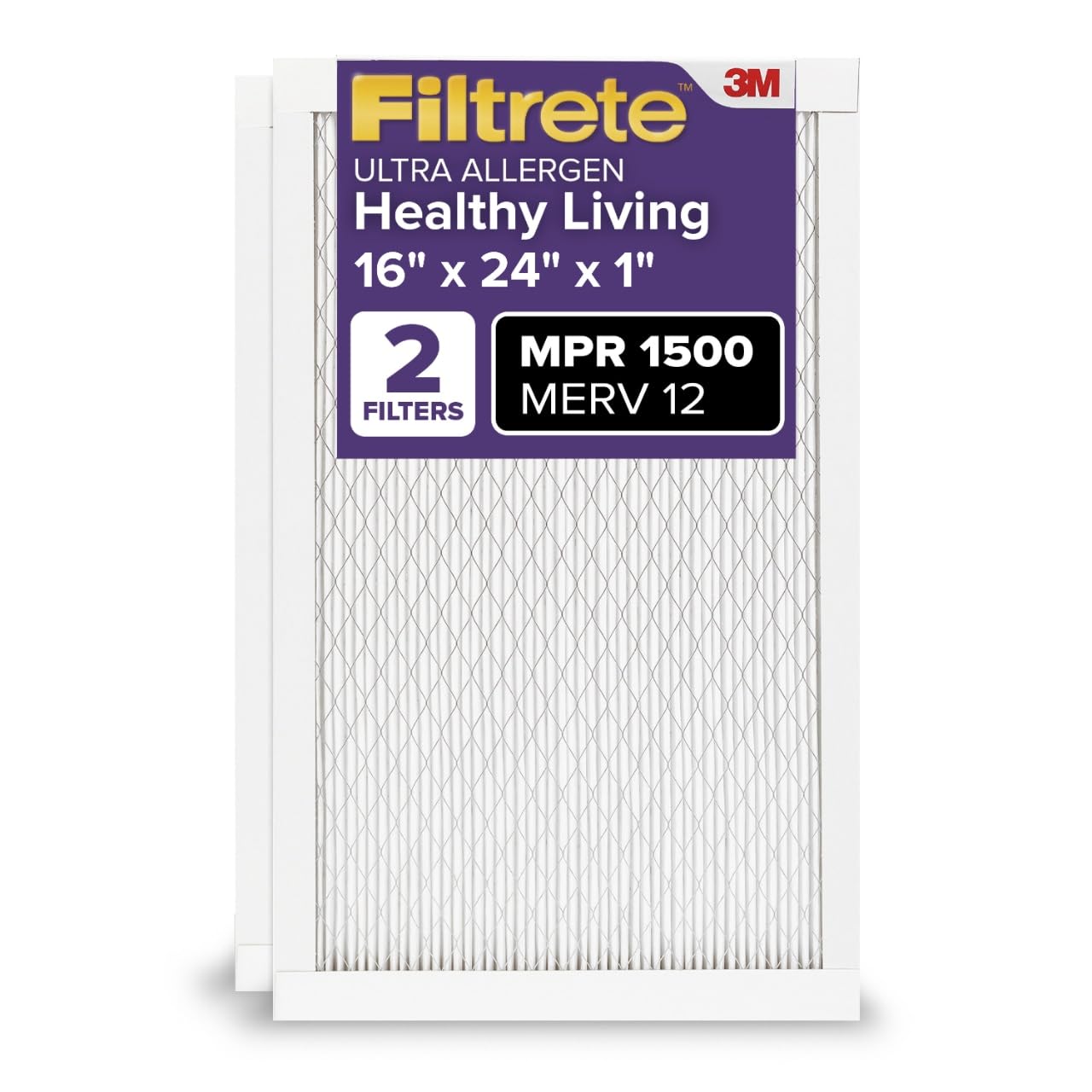 Filtrete 16x24x1 AC Furnace Air Filter, MERV 12, MPR 1500, CERTIFIED asthma & allergy friendly, 3 Month Pleated 1-Inch Electrostatic Air Cleaning Filter, 2-Pack (Actual Size 15.81x23.81x0.78 in) Image