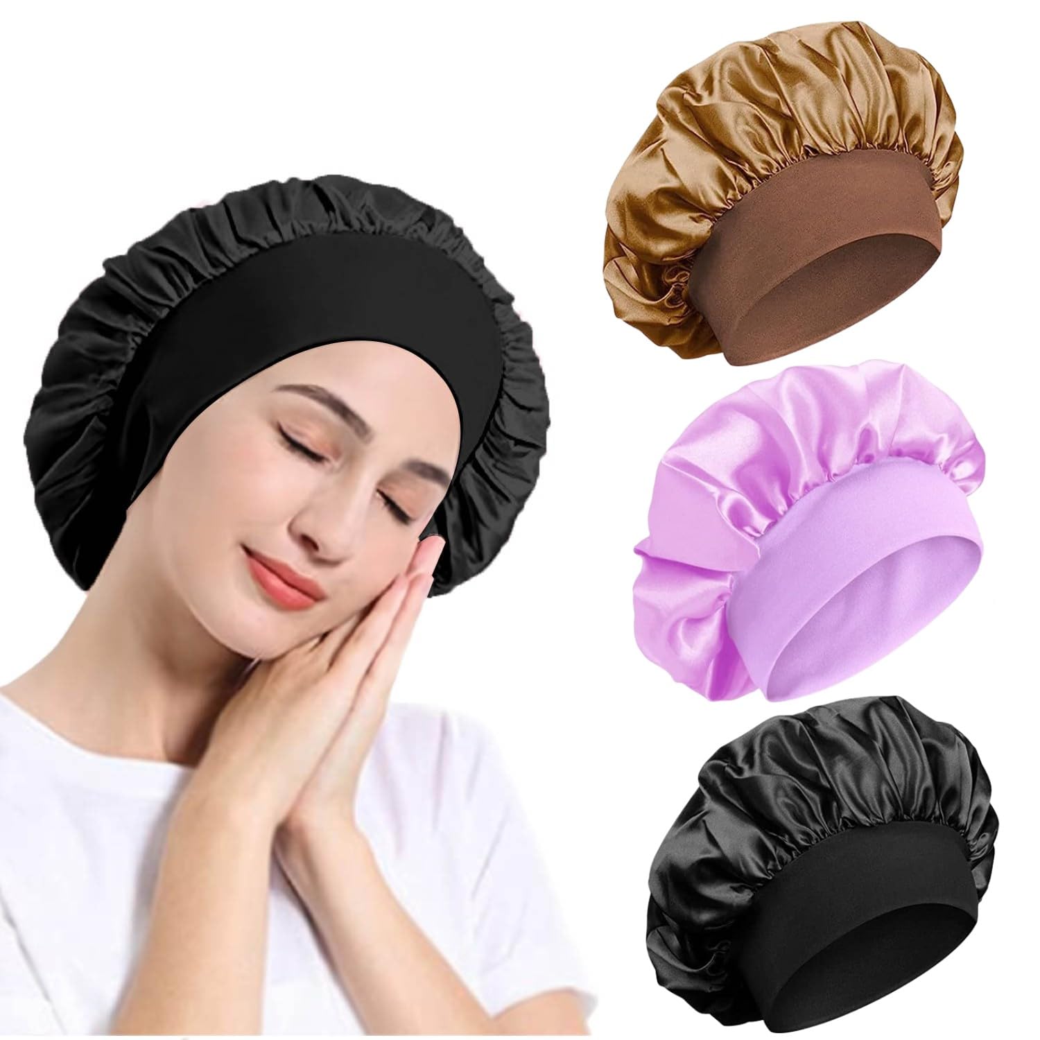 3 Pack Satin Bonnet, Night Sleep Caps with Wide Elastic Band, Silk Wrap, Soft Head Cover Sleeping Hat for Women and Girls Curly Hair (Purple,Black,Gold)