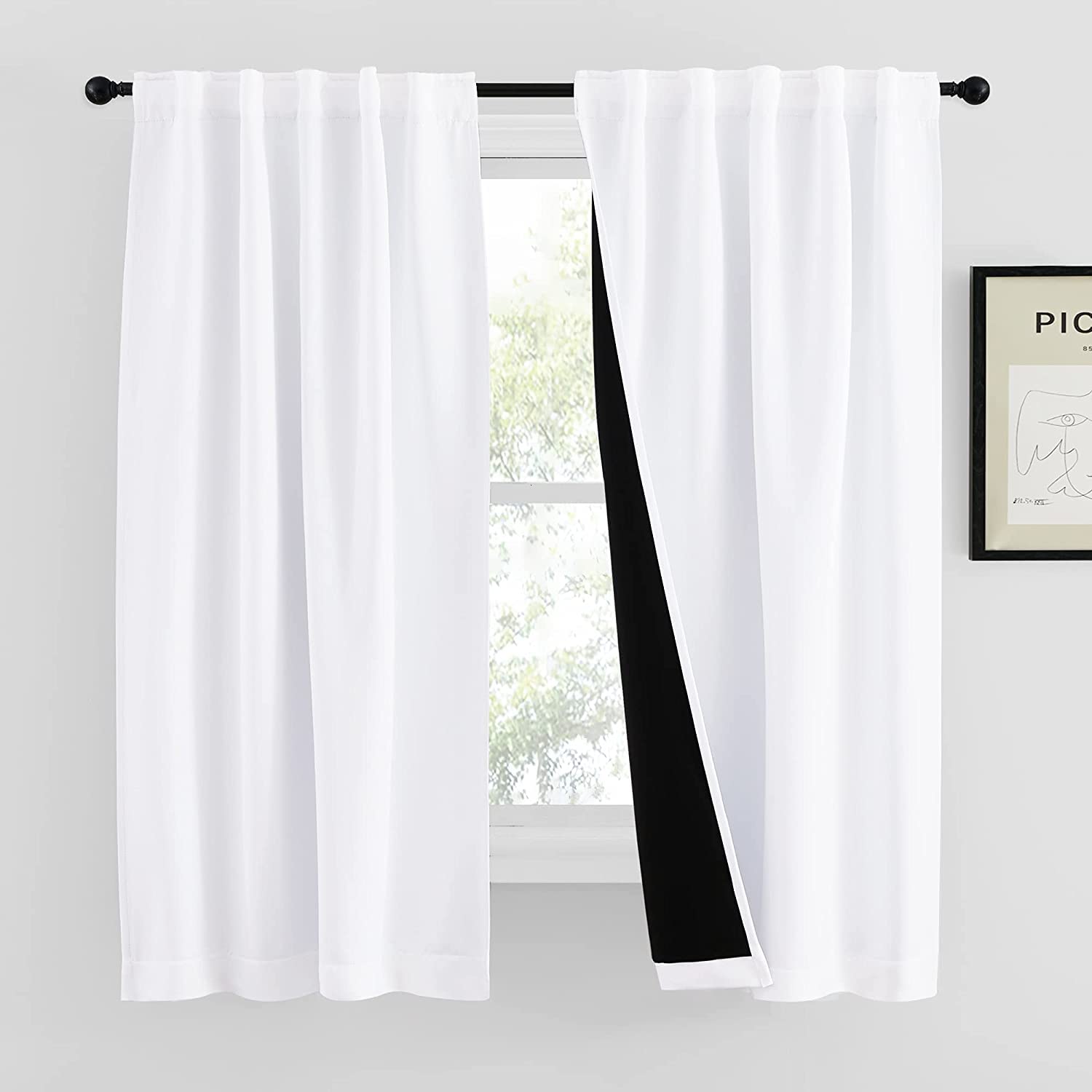 Photo 1 of NICETOWN 100% Blackout Window Curtain Panels 48 inches Long, Cold and Full Light Blocking Drapes with Black Liner, Thermal Insulated Draperies for Cafe (White, 2 Pieces, 42 inches Wide Each Panel)