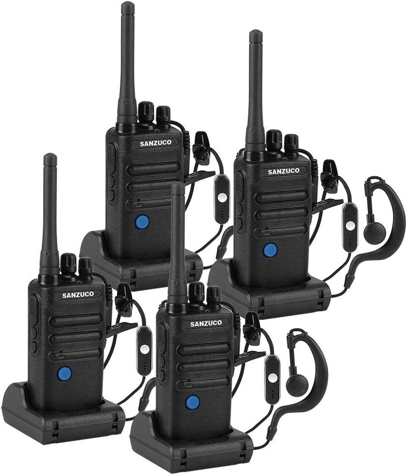 Long Range Rechargeable Two-Way Radio with Earpiece and Group Talk Function, Sanzuco UHF 400-470MHz Reprogrammable Handheld Walkie Talkie, USB Charging Dock Included (4 Pack)