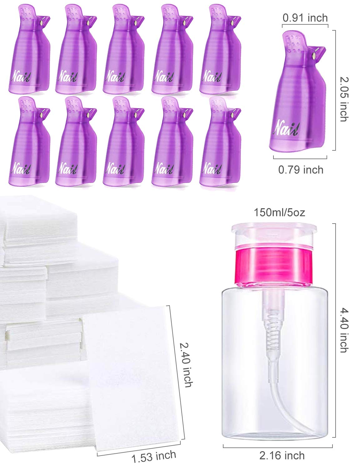 LANDOT Gel Nail Polish Remover Kit, 10pcs Gel Nail Polish Remover Clips Cap, 500pcs Nail Wipe Cotton Pads and 150ml Nail Polish Remover Pump Bottle : Beauty