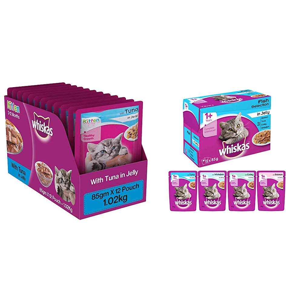 whiskas Kitten (2-12 Months) Wet Cat Food, Tuna in Jelly, 12 Pouches (12 x 85g) & whiskas Adult (+1 Year) Wet Cat Food, Fish Selection (Salmon, Coley, Tuna, Whitefish), 12 Pouches (1