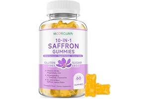MOORGUMY Saffron Gummies for Adult Kids, 10-IN-1 Regulate Cortisol Supplement with Saffron 88.5mg, Vitamin D3, B6, Magnesium, Zinc, Ashwagandha, L-Theanine, St. John's Wort, For Emotions, Slumber, 60 Count