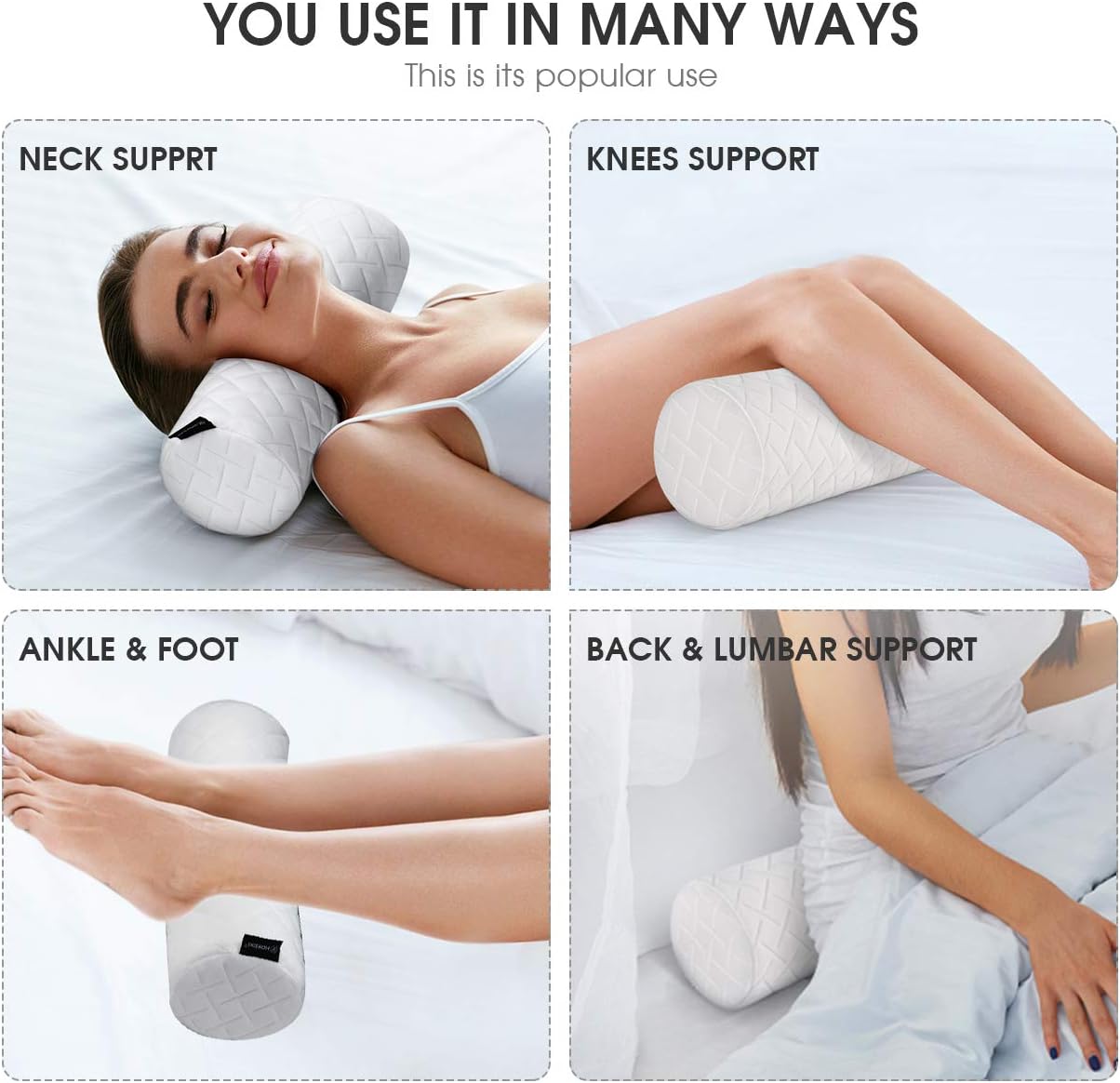 HOKEKI Cervical Bolster Round Pillow and Memory Foam Neck Roll for Neck, Spine, Lumbar Traction, Spondylosis Pain Relief with Washable Coat, 4” Diameter x 18 “Length (White): Home & Kitchen