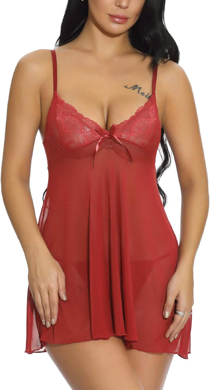PAMI Lingerie for Women Lace Mesh Babydolls Sleepwear V Neck Chemise Outfit
