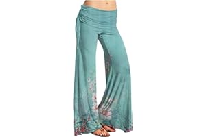 FLEKMANART Women's Summer Vintage Print Wide Leg Pants Casual Flared Drawstring Trousers Elastic High Waist Palazzo Pants