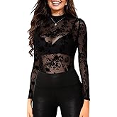 GEZOUR Womens Mesh Long Sleeve Tops Mock Neck Sexy Sheer See Through Tee Shirts Party Club Night Lace Blouse