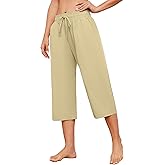 Larmliss Womens Capri Pants Casual Wide Leg Drawstring Elastic Waist Loose Lounge Cropped Pants with Pockets
