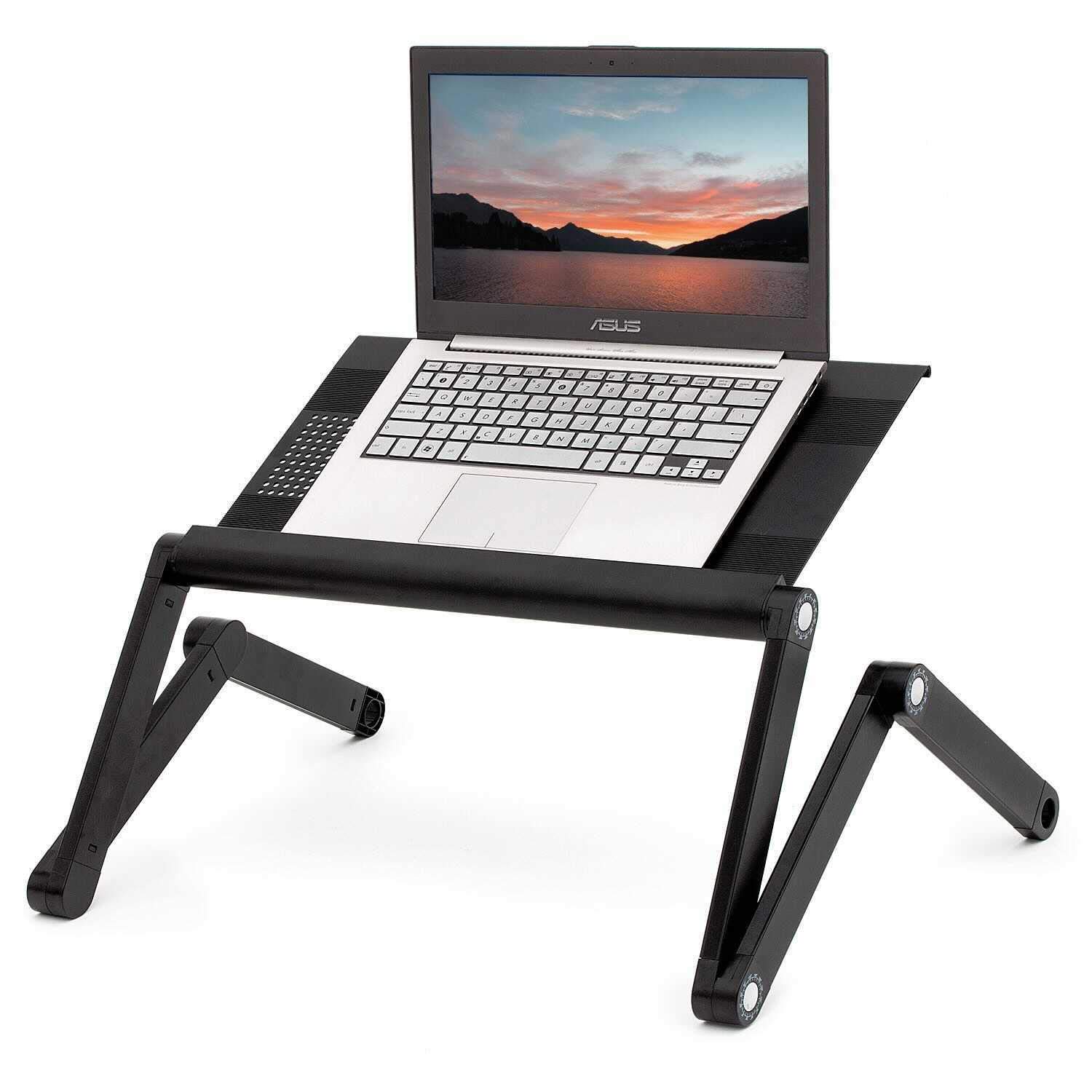 WonderWorker Nobel Ergonomic Folding Laptop Table, Adjustable Stand, Portable Desk, Bed Tray Cooling Pad, Black, Big Size