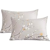 NANKO Floral Pillow Case Set (2 Pack), Tan Gray Plum Blossom Flower Pattern Printed Pillowcases/Pillow Shams - 20x30 inch Standard Queen Size
