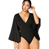Amazon.com: SheIn Women's Plus Plain Deep V Neck Long Bell Sleeve Bodysuit  Flare Sleeve Top Black Large : Clothing, Shoes u0026 Jewelry