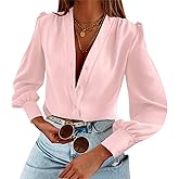 Women's Business Casual Tops Long Sleeve Button Down Shirts V Neck Chiffon Work Blouses Pink