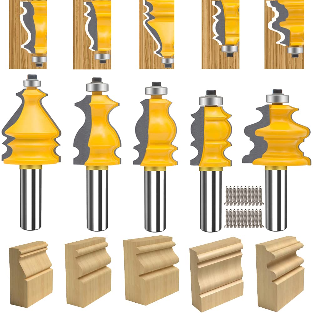 TAIWAIN 1/2 Inch Shank Router Bit Set Picture Frame Molding Woodworking Tool, Architectural Drawer Cabinet Door Milling Cutter Bits, Wood Miter Carbide CNC Cutter(F-1/2 Line)
