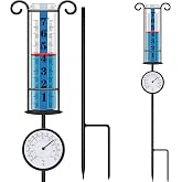 JMBay Rain Gauge Outdoor with Thermometer, Rain Gauges Outdoors Best Rated, Large Font Rain Measure Gauge for Yard, Rain Water Meter with Thickened Plastic Tube and Duralbe Metal Stake for Patio,Lawn
