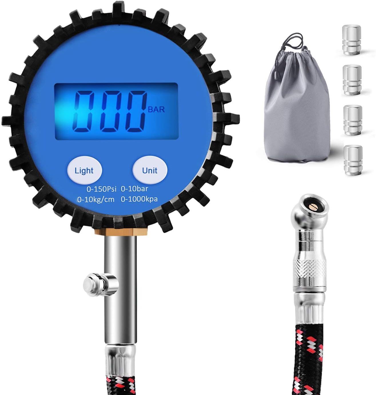 Evaduol Digital Tyre Pressure Gauge, Heavy Duty Car Truck Motorcycle Bicycle 150PSI Pressure Gauges with Easy Reading Backlight LCD Display and Flexible Hose for 0.1 Display Resolution