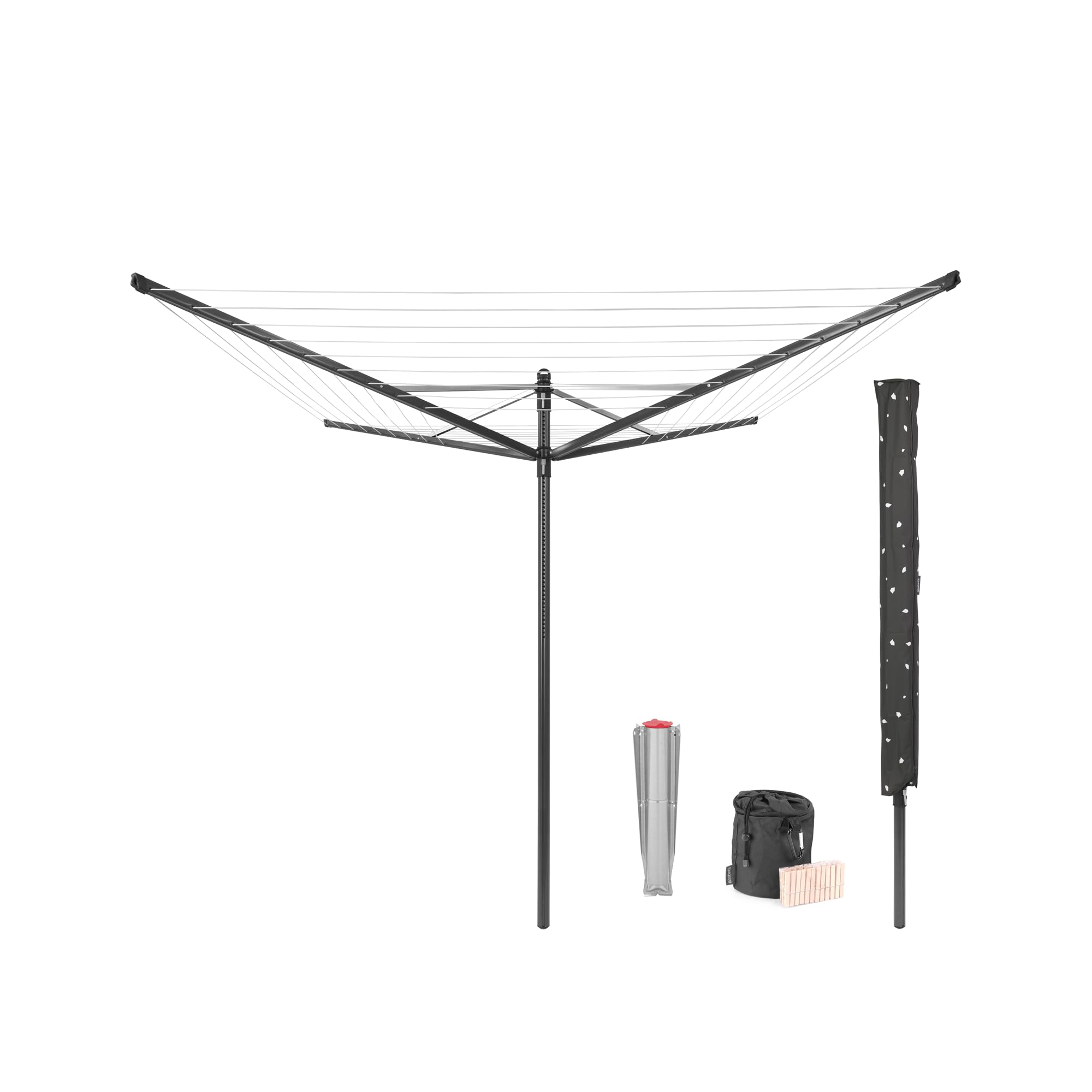 Brabantia - Lift-O-Matic - 50 Metres of Clothes Line - Adjustable in Height - UV-Resistant & Non-Slip Lining - Umbrella System - with Ground Spike 45 mm, Cover & Peg Bag - Anthracite - ø 295 cm — image 1