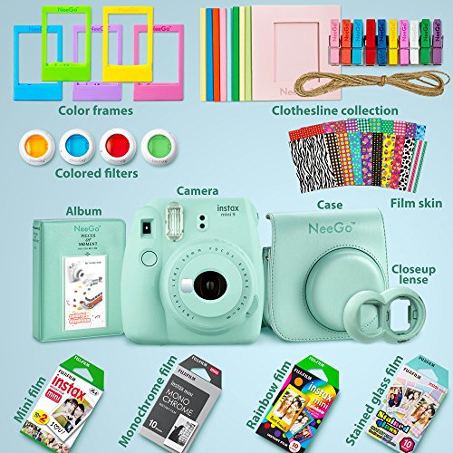 NeeGo Instax Mini 9 Instant Camera Bundle – Deluxe Kit with Camera, Matching Case & 4 Fun Film Packs–Rainbow, Stained Glass, Monochrome & White 50 Exposures for Instant Creative Photos-Ice Blue