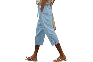 Linen Pants Women High Waisted Capri Pants Lace Trim Casual Cropped Trousers Summer Boho Beach Capris with Pockets