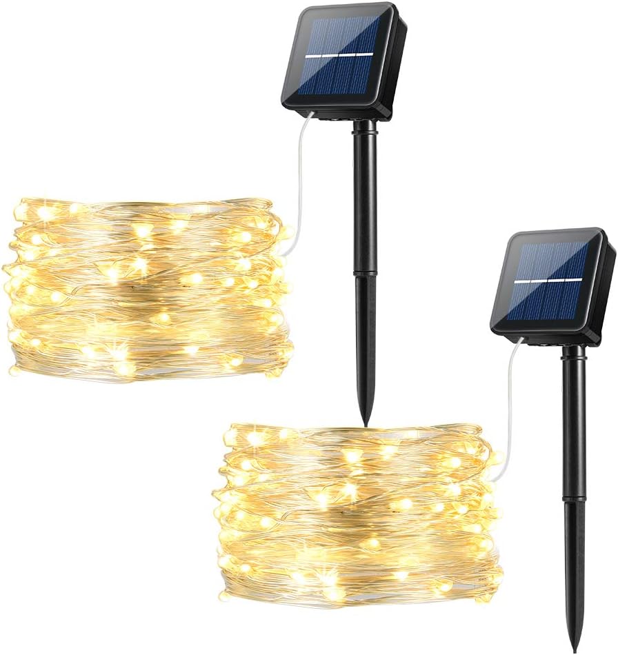 Ankway Solar String Lights 2 Pack 100 LED Outdoor String Lights 33 ft 8 Modes 3-Strand Copper Wire Lights Waterproof Solar Fairy Lights for Patio Yard Wedding Party Halloween Christmas, Warm White