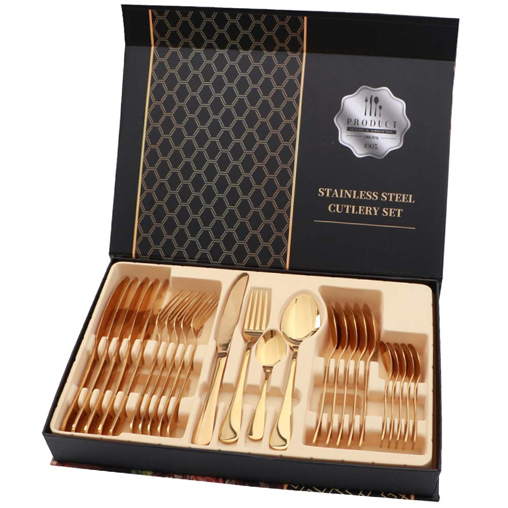 rismart 24-Piece Stainless Steel Flatware Silverware Cutlery Set, Include Knives, Forks, Spoons, Service for 6, Gold
