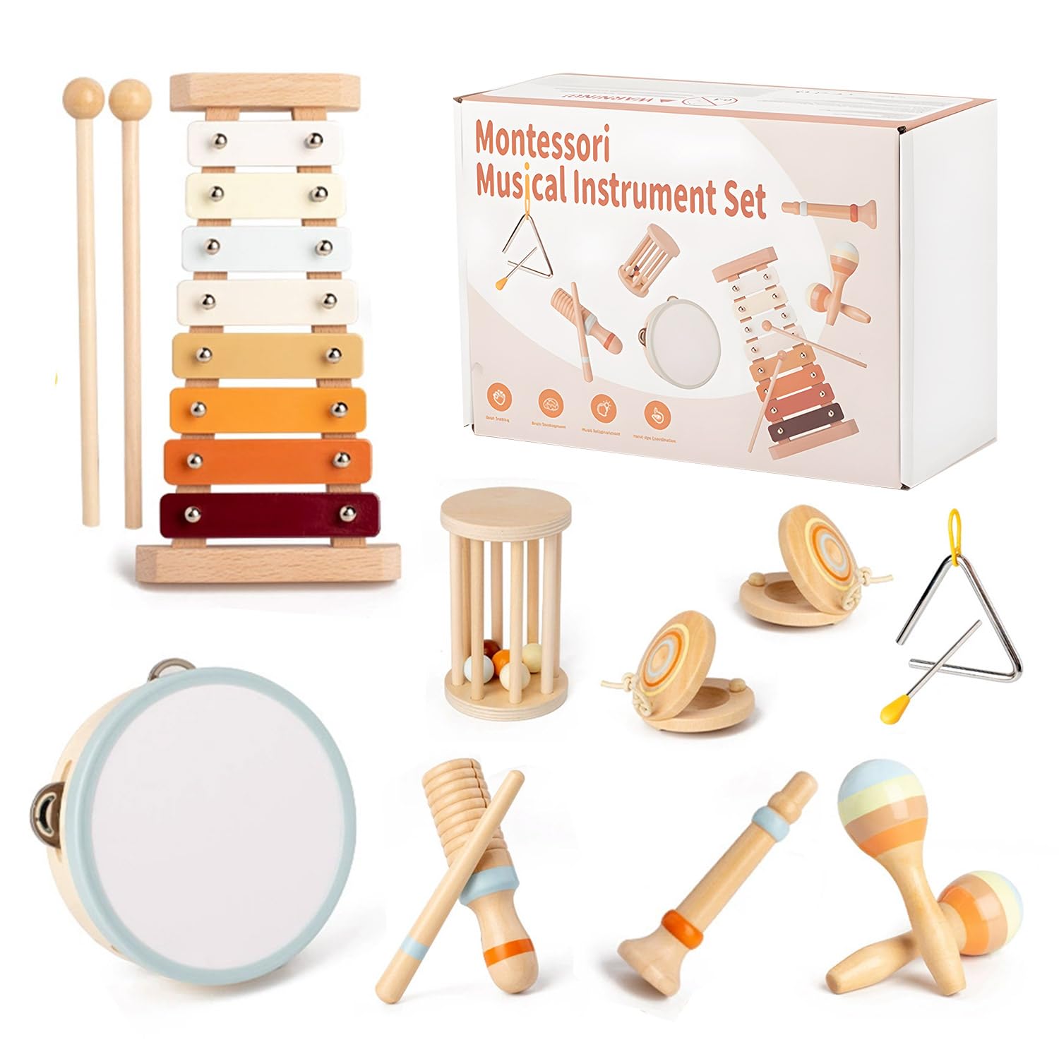 Maraiss Wooden Musical Instruments Set for Kids, 10-Piece Natural Percussion Toys with Xylophone & Maracas, Montessori Baby Musical Toys for Toddlers 1-3 Years, Early Learning Sensory Development Gift