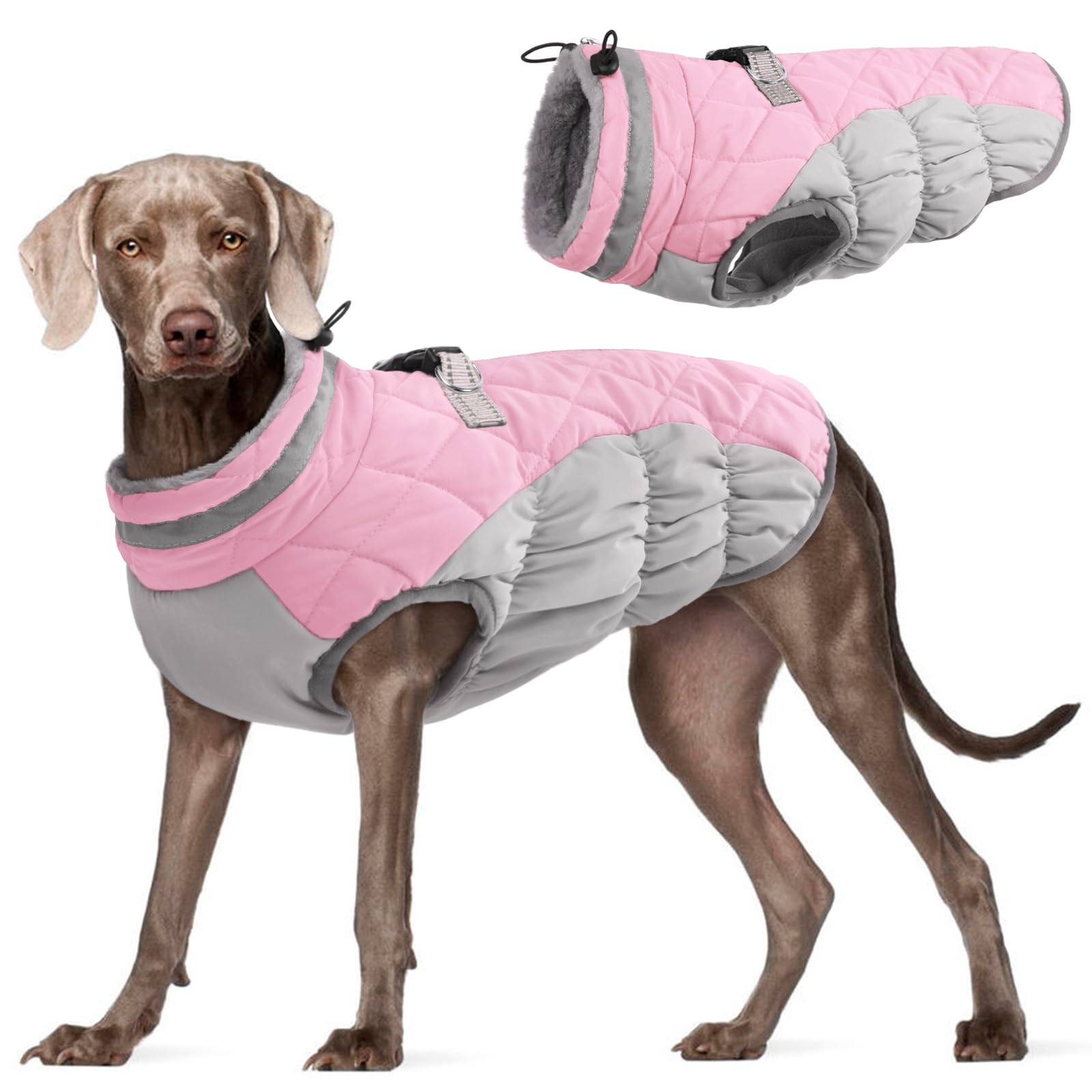 FUAMEY Dog Coat for Large Dogs,Waterproof Dog Winter Jacket with Harness Built in Puppy Cold Weather Coats Reflective Pet Vest with Zipper Warm Fleece Dogs Snowsuit Windproof Pink 3XL Image